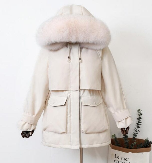 Fur Hooded Winter Down Coat Women 90% Duck Down Jacket