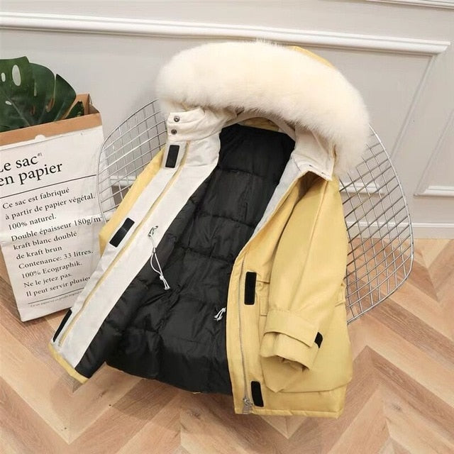 Fur Hooded Winter Down Coat Women 90% Duck Down Jacket