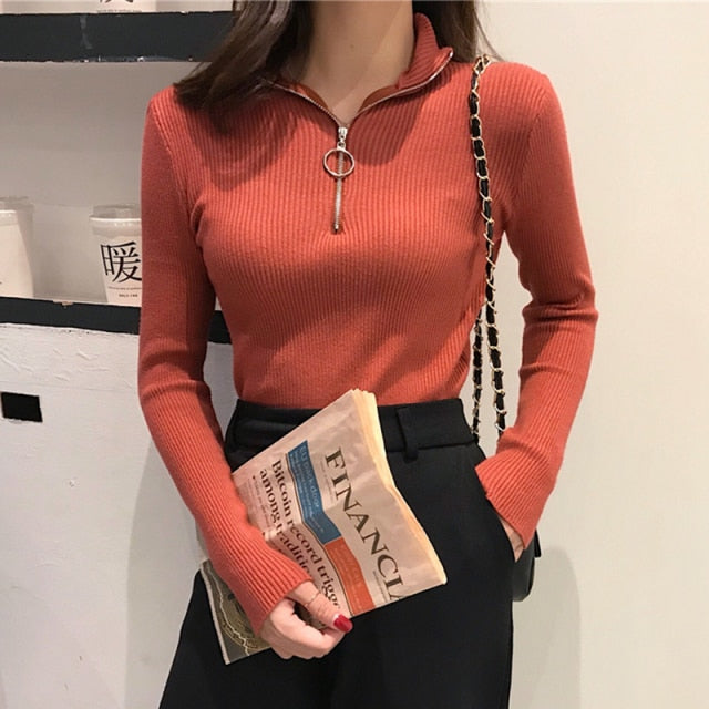 Knitted Women Zipper High Neck Sweater