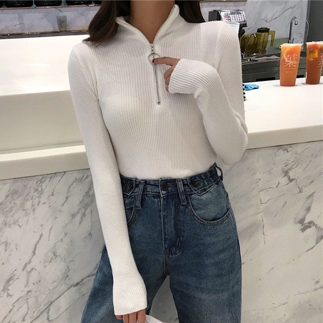 Knitted Women Zipper High Neck Sweater