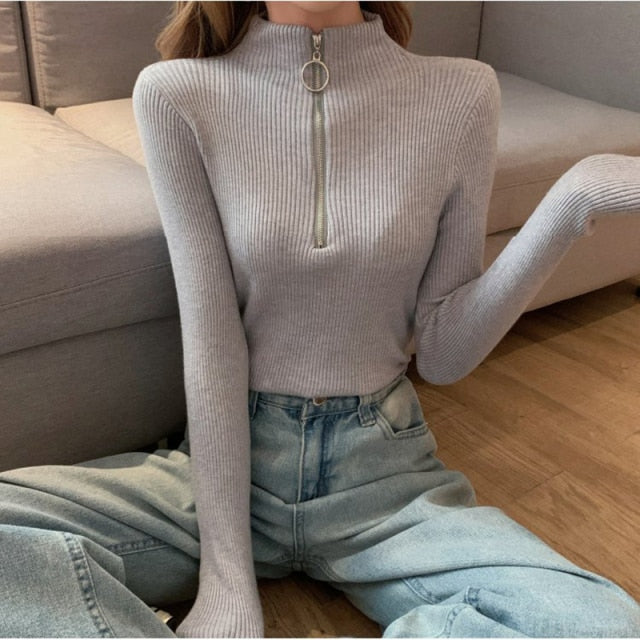 Knitted Women Zipper High Neck Sweater