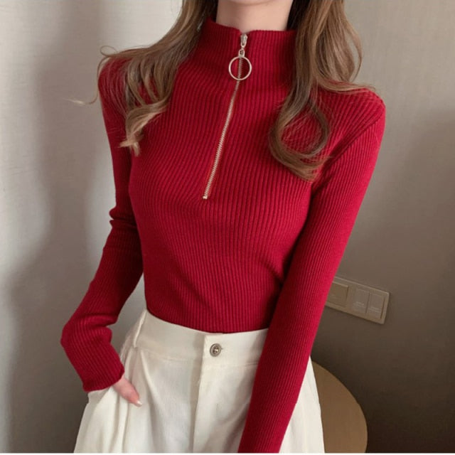 Knitted Women Zipper High Neck Sweater