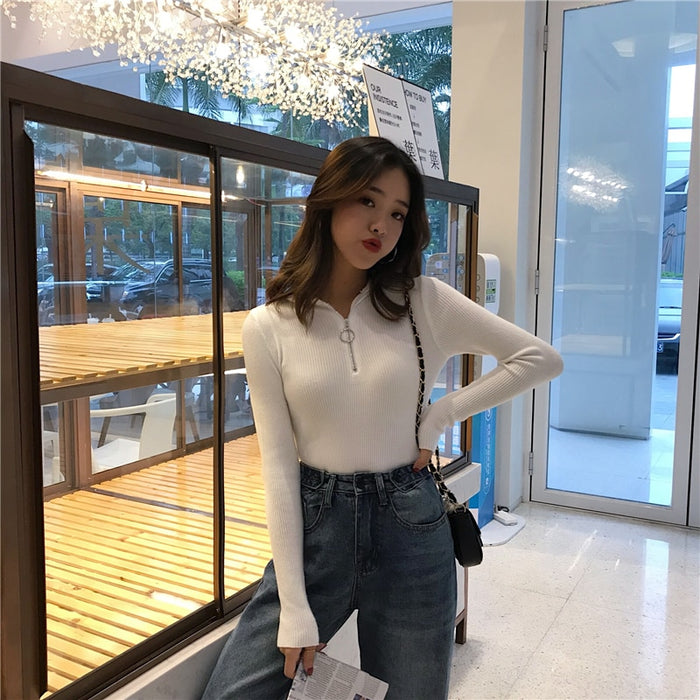 Knitted Women Zipper High Neck Sweater