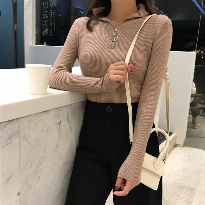 Knitted Women Zipper High Neck Sweater