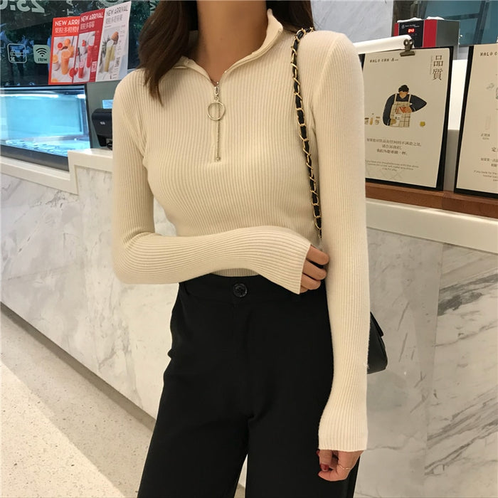 Knitted Women Zipper High Neck Sweater