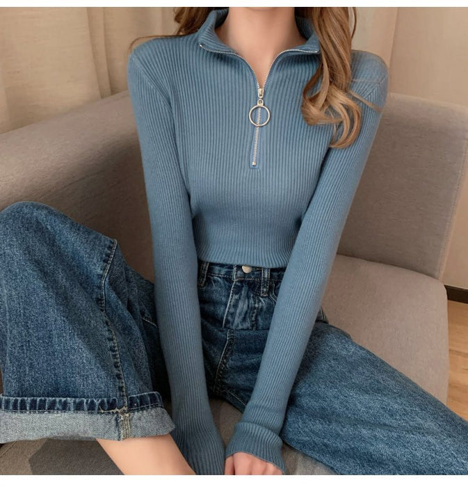 Knitted Women Zipper High Neck Sweater