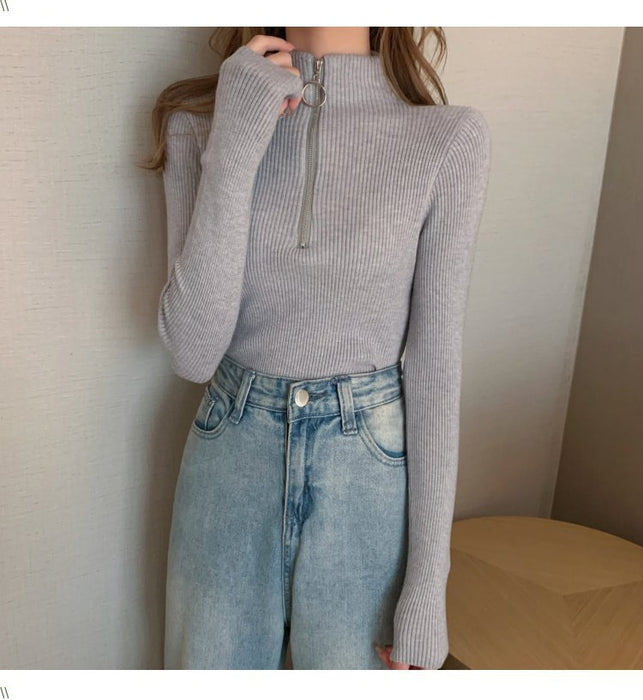 Knitted Women Zipper High Neck Sweater